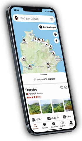 Canyon Explore App auf einem Smartphone mit einer Canyoning-Karte